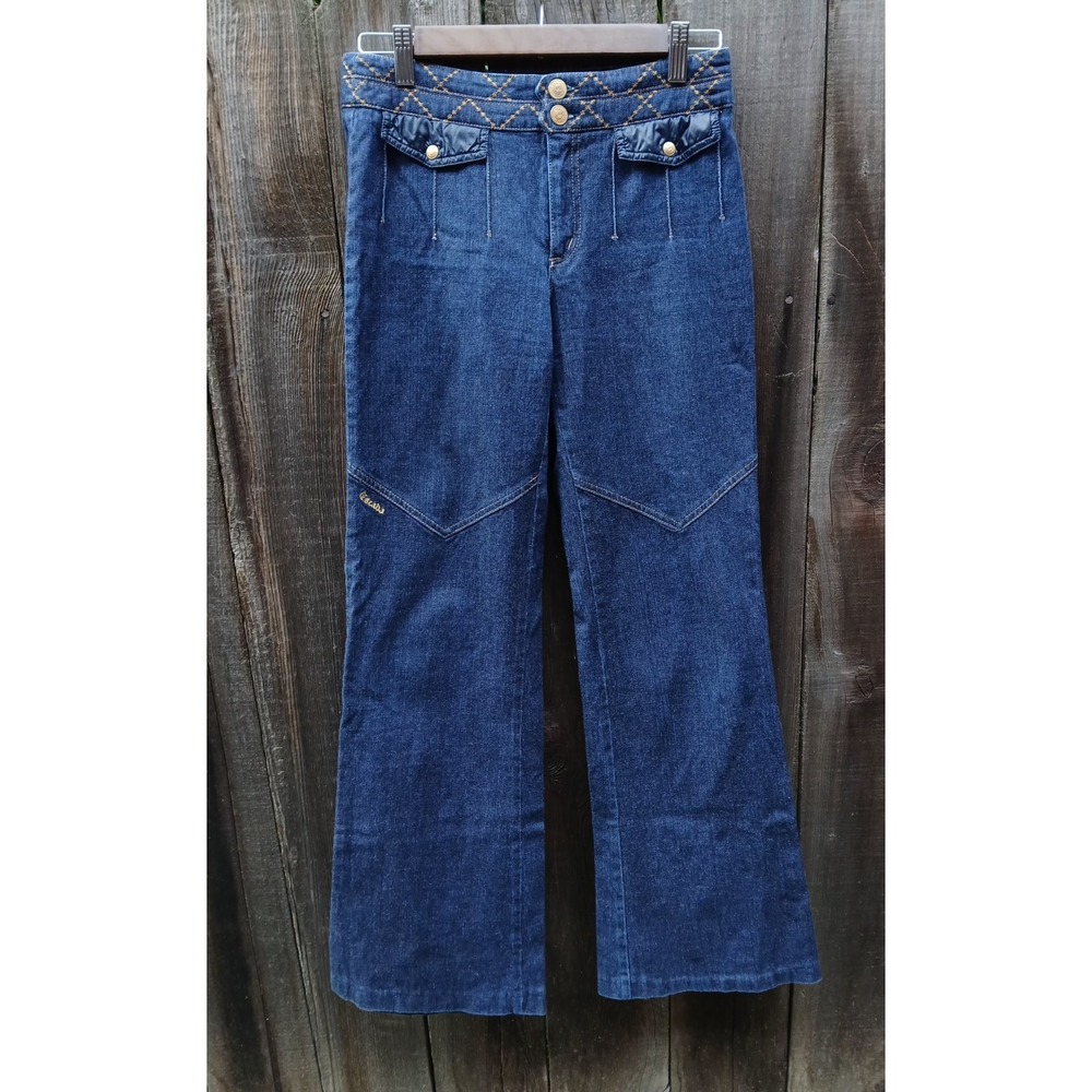 Vintage Escada dark-wash denim pants with quilted gold-stitch waistband 28"